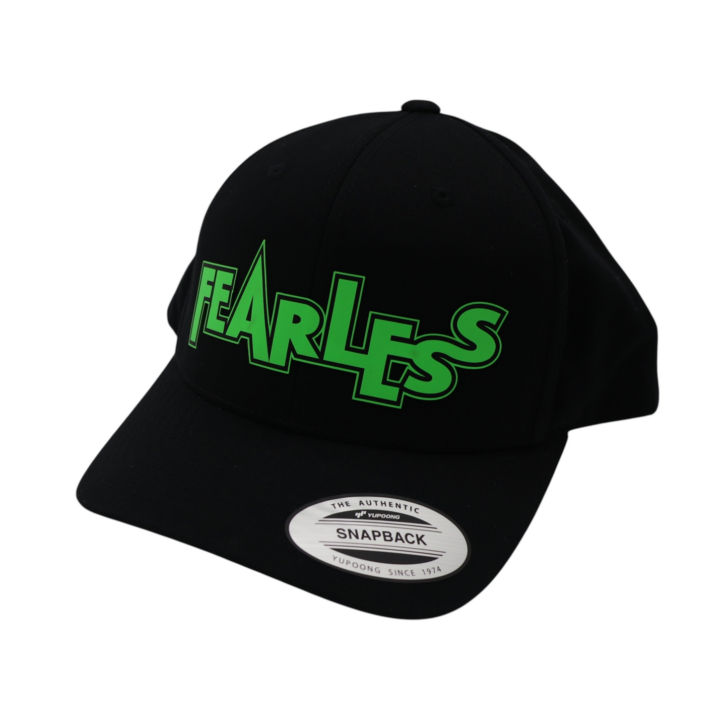 Black cap with green silicone text 'FEARLESS'