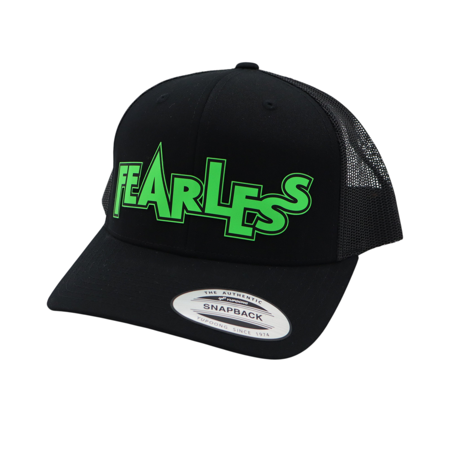 Black cap with black mesh back with green silicone 'FEARLESS'