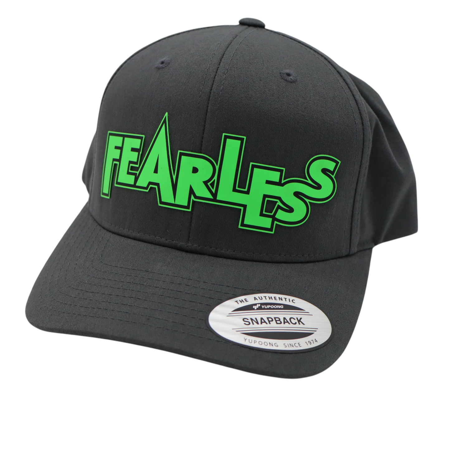 Gray cap with green 'FEARLESS' text