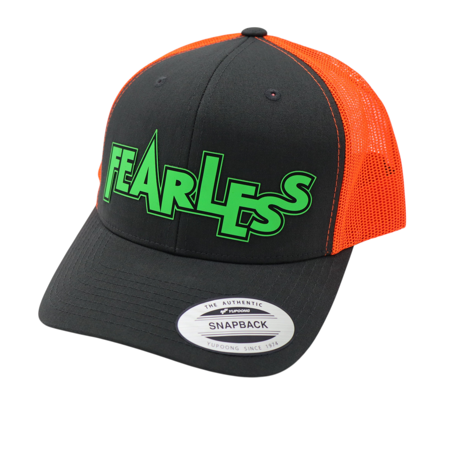 Black and orange cap with 'FEARLESS' in green silicone