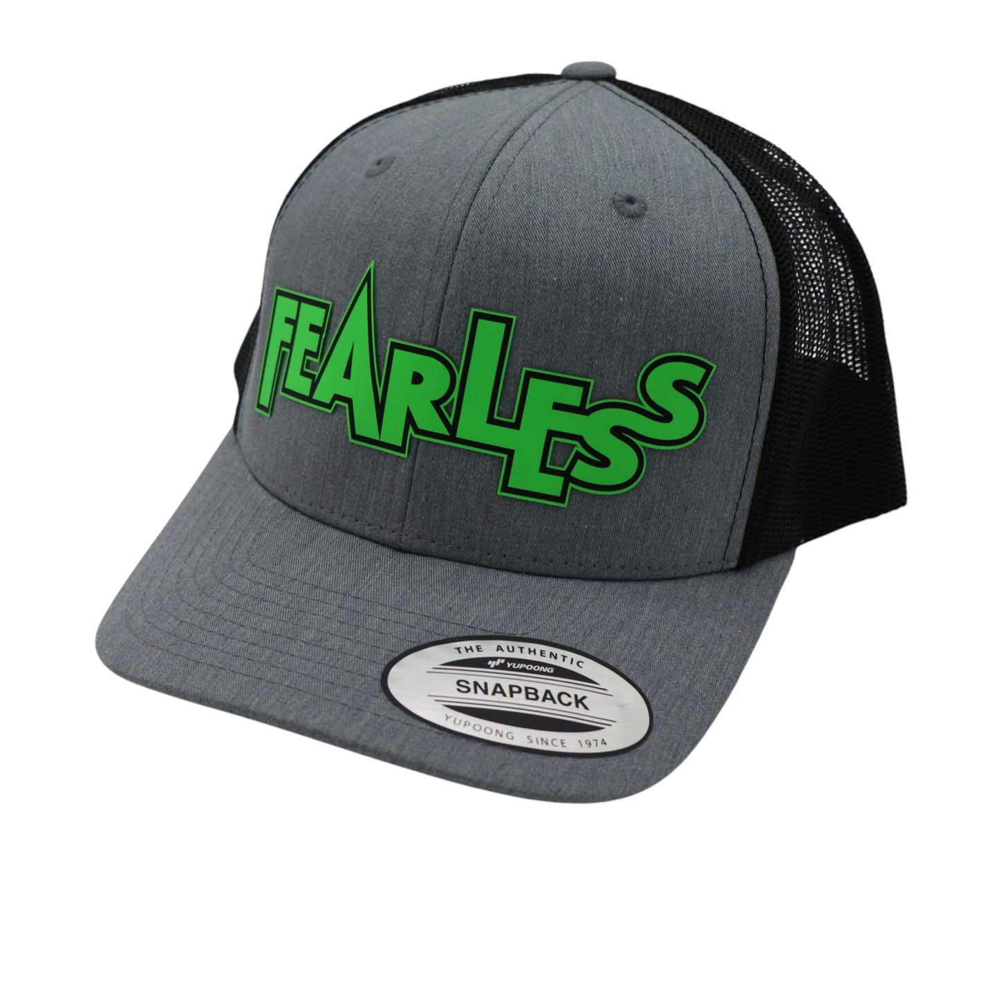 Gray cap with black mesh with green 'Fearless' text