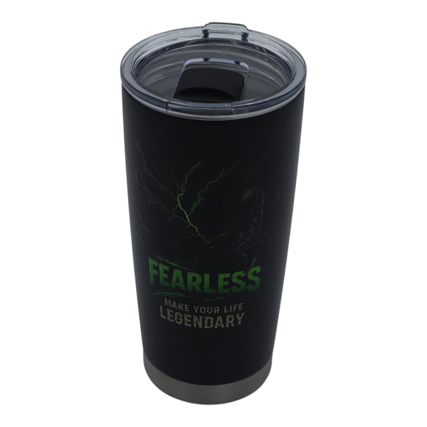 Black tumbler with 'Fearless' text on a gray background