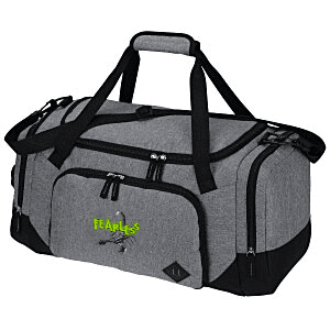 Gray duffel bag with black straps and a logo on a white background