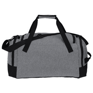 Gray duffel bag with black straps on a white background